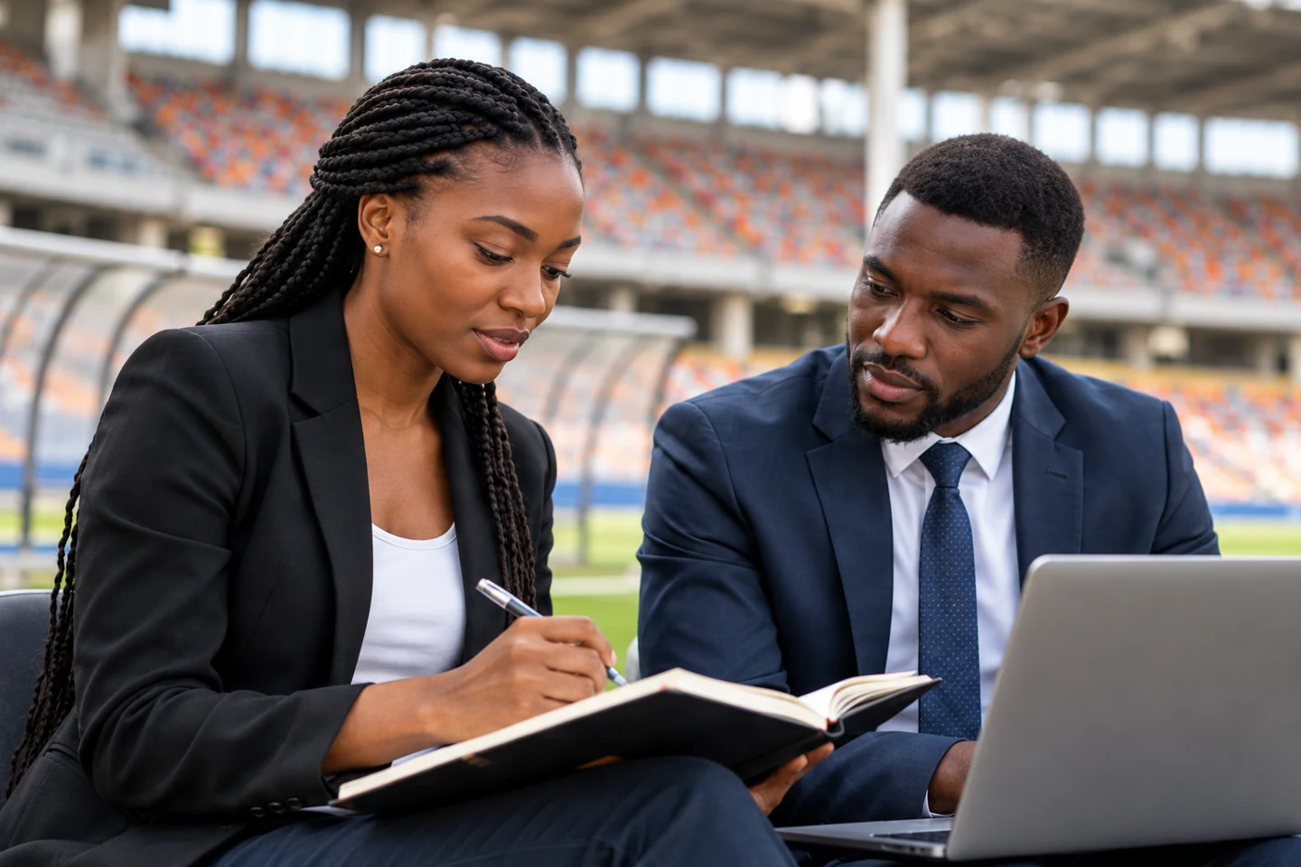 Illustration: two football professionals review notes at a stadium.