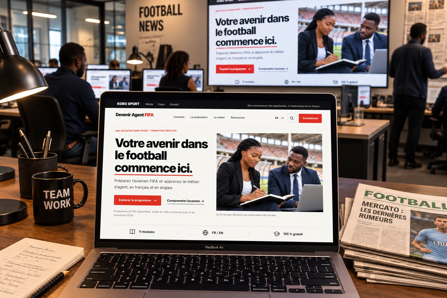 Illustration: the redesigned Devenir Agent FIFA website displayed on a computer.