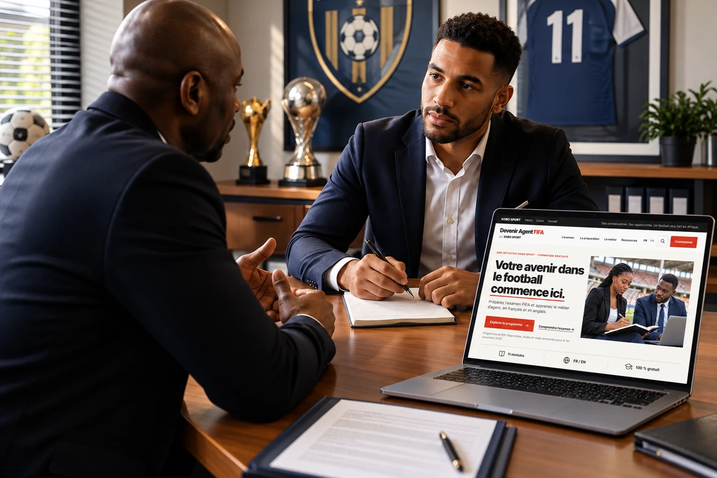 Illustration: the redesigned Devenir Agent FIFA website displayed on a computer.