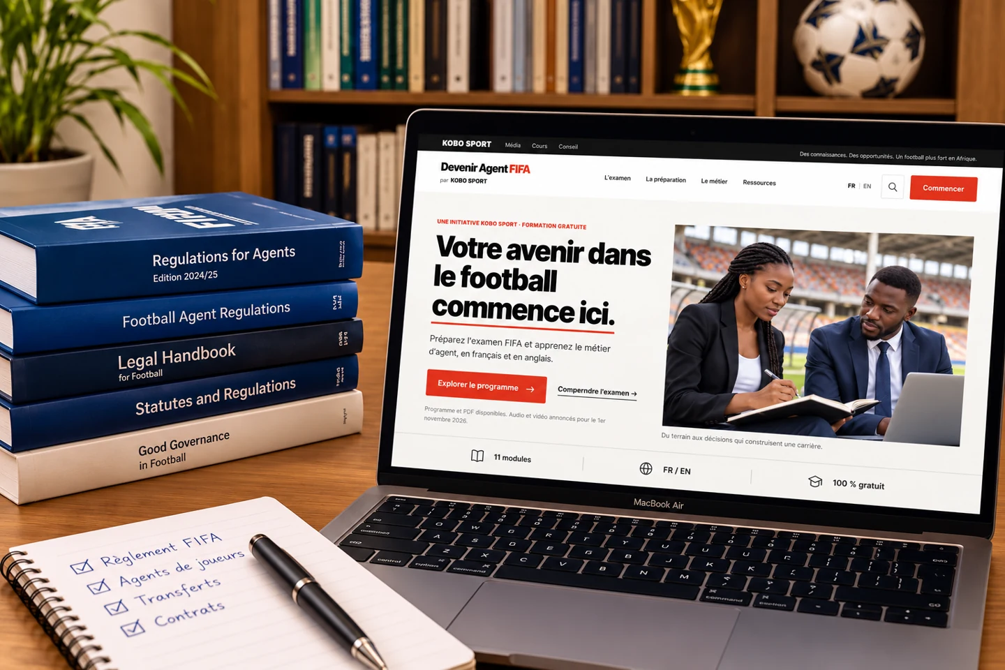 Illustration: the redesigned Devenir Agent FIFA website displayed on a computer.