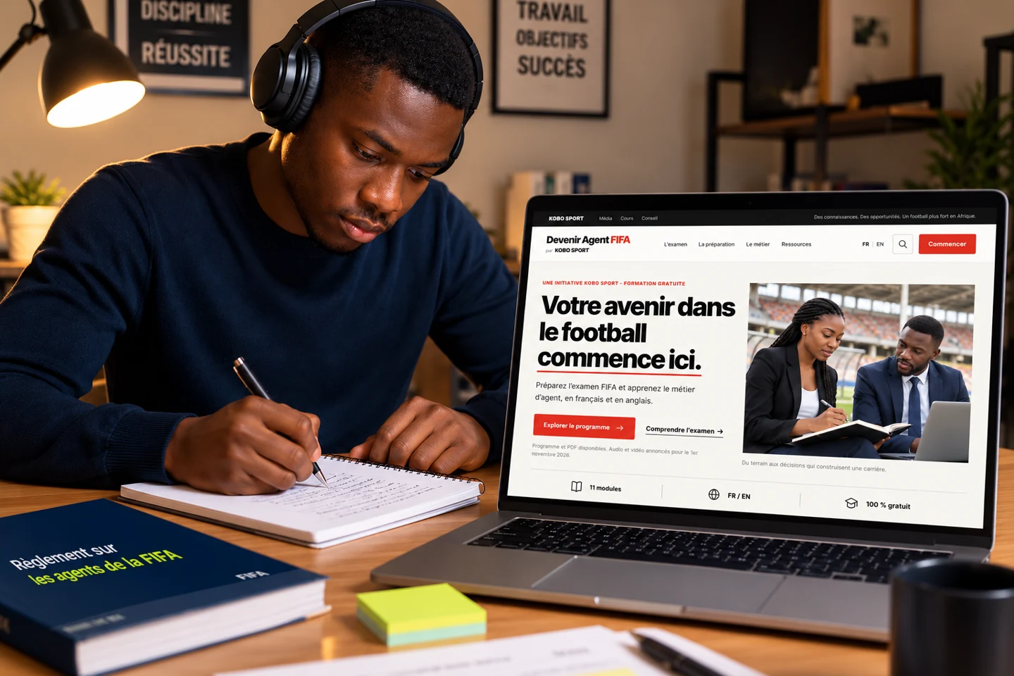 Illustration: the redesigned Devenir Agent FIFA website displayed on a computer.